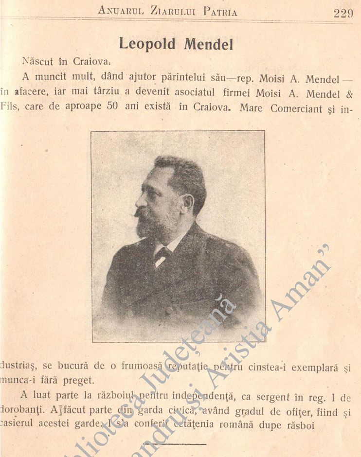 Leopold Mendel | in Anuarul ziarului Patria | 1906 (prezentare prin amabilitatea Bibliotecii judetene Th. Aman - Craiova)